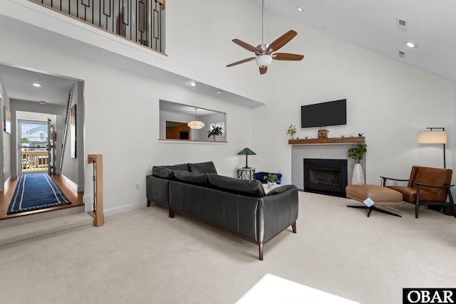 117 Broadbay Dr Lot 119, Kill Devil Hills, NC 27948 - living area with carpet, ceiling fan, a fireplace, recessed lighting, and high vaulted ceiling