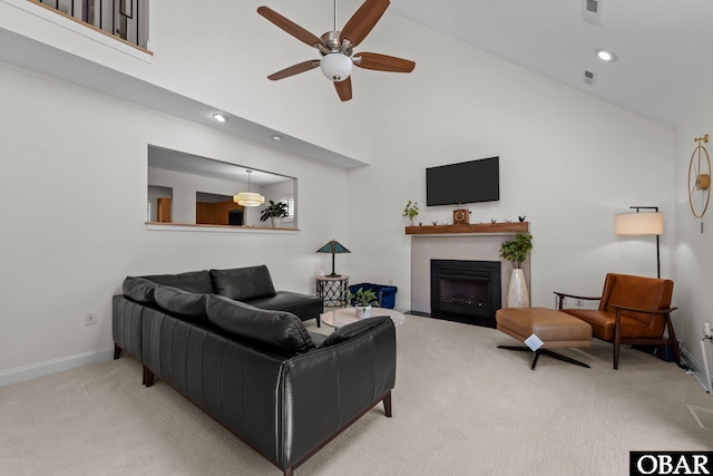 117 Broadbay Dr Lot 119, Kill Devil Hills, NC 27948 - living area featuring carpet floors, high vaulted ceiling, ceiling fan, a fireplace with flush hearth, and recessed lighting