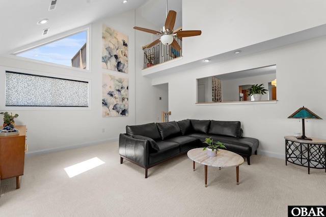 117 Broadbay Dr Lot 119, Kill Devil Hills, NC 27948 - living room featuring carpet floors, high vaulted ceiling, a ceiling fan, and recessed lighting