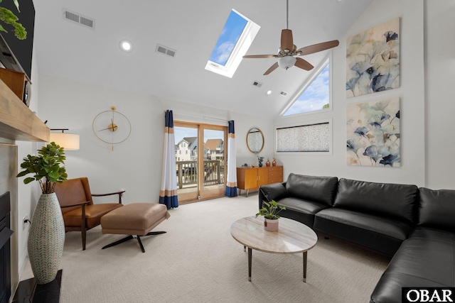 117 Broadbay Dr Lot 119, Kill Devil Hills, NC 27948 - living room with ceiling fan, a skylight, high vaulted ceiling, light colored carpet, and recessed lighting