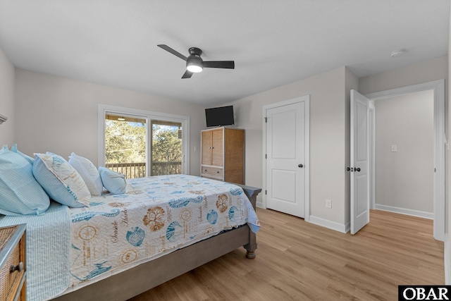 bedroom featuring ceiling fan, baseboards, light wood-style floors, and access to outside