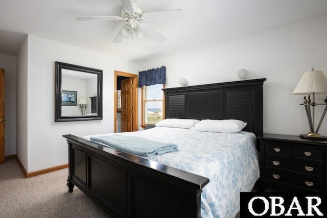 bedroom with light carpet, ceiling fan, and baseboards