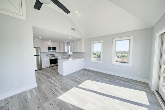 56185 Cedar Ave Lot 5, Hatteras, NC 27943 - kitchen with stainless steel appliances, light countertops, open floor plan, white cabinetry, and a peninsula