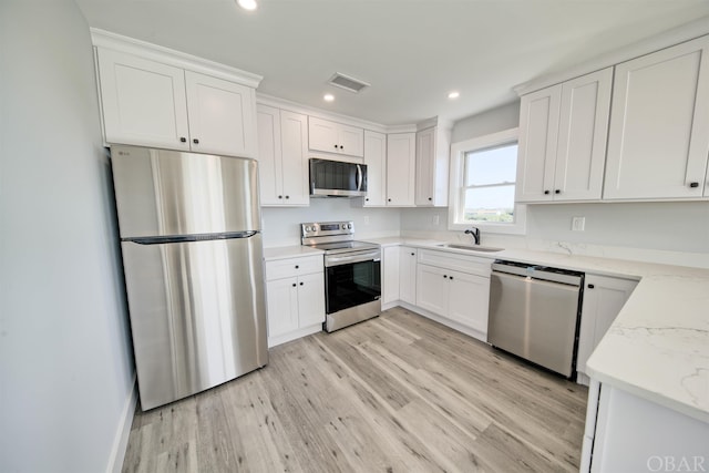 56185 Cedar Ave Lot 5, Hatteras, NC 27943 - kitchen featuring visible vents, appliances with stainless steel finishes, white cabinets, a sink, and light stone countertops
