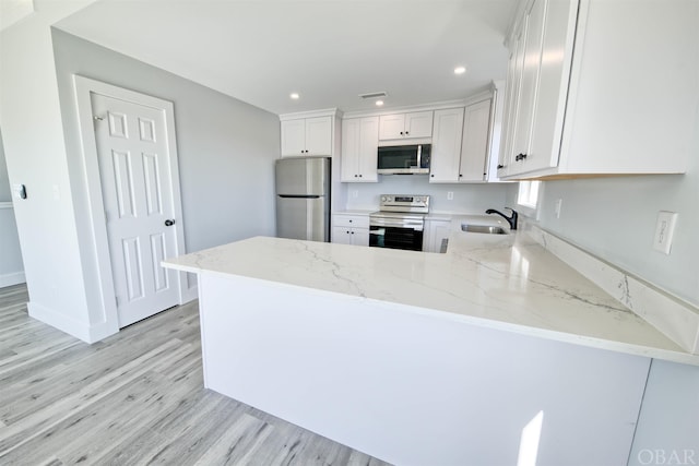 56185 Cedar Ave Lot 5, Hatteras, NC 27943 - kitchen with white cabinets, a peninsula, stainless steel appliances, and a sink