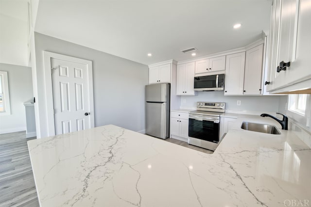 56185 Cedar Ave Lot 5, Hatteras, NC 27943 - kitchen with stainless steel appliances, a sink, visible vents, white cabinets, and light stone countertops
