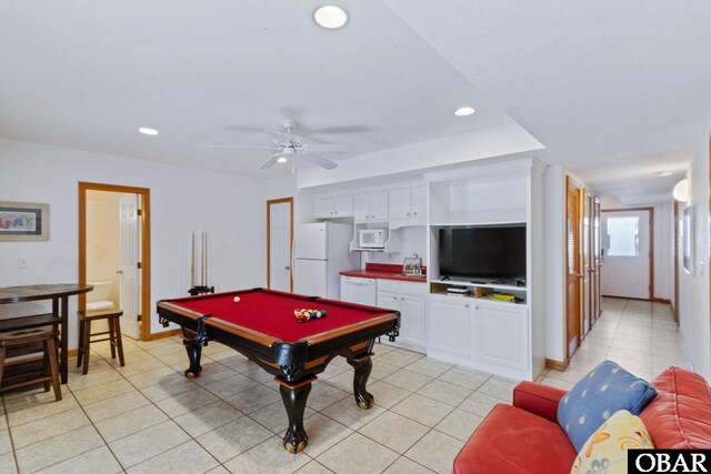 playroom featuring light tile patterned floors, recessed lighting, pool table, a sink, and a ceiling fan