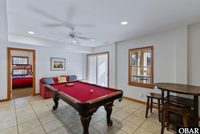 rec room featuring light tile patterned floors, baseboards, ceiling fan, pool table, and recessed lighting