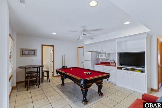 game room featuring recessed lighting, light tile patterned floors, ceiling fan, and pool table