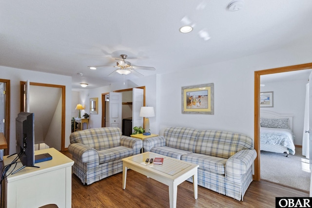 living area featuring ceiling fan, wood finished floors, and recessed lighting