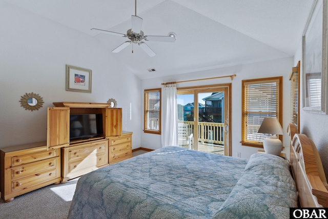 bedroom with carpet, visible vents, lofted ceiling, ceiling fan, and access to exterior