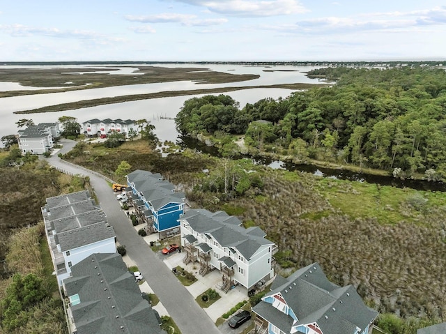 aerial view featuring a water view and a residential view