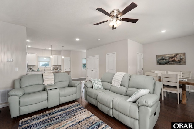 1804 Harbour View Dr Lot 91-O, Kill Devil Hills, NC 27948 - living room featuring dark wood-style flooring, a ceiling fan, and recessed lighting