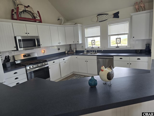 27057 Ocean Street Unit, Salvo, NC 27972 - kitchen with appliances with stainless steel finishes, a sink, dark countertops, and lofted ceiling