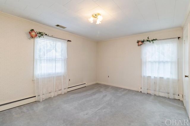 unfurnished room with ornamental molding, light carpet, visible vents, and baseboard heating