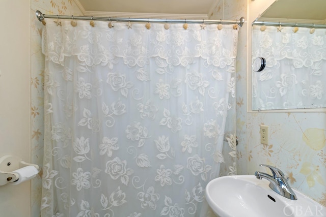 bathroom with a shower with curtain and a sink