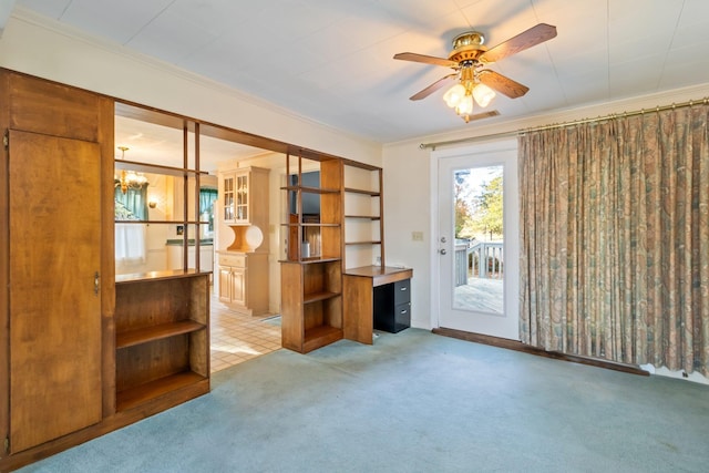 3858 Caratoke Hwy, Maple, NC 27956 - unfurnished room with ornamental molding, light carpet, a chandelier, and ceiling fan