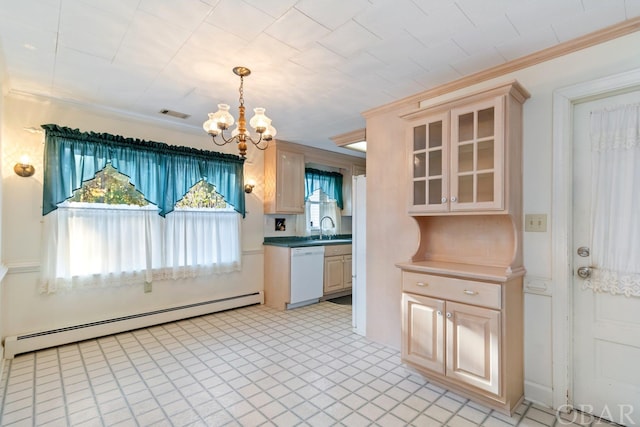 kitchen featuring a baseboard radiator, white dishwasher, a sink, dark countertops, and glass insert cabinets