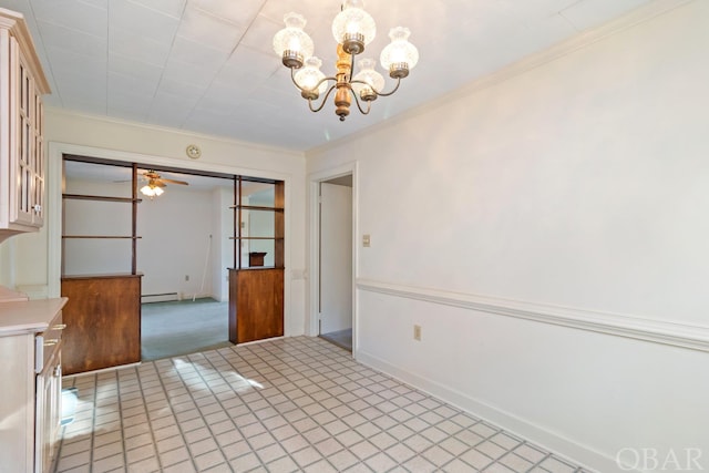 unfurnished dining area with light carpet, baseboards, crown molding, a baseboard heating unit, and ceiling fan with notable chandelier