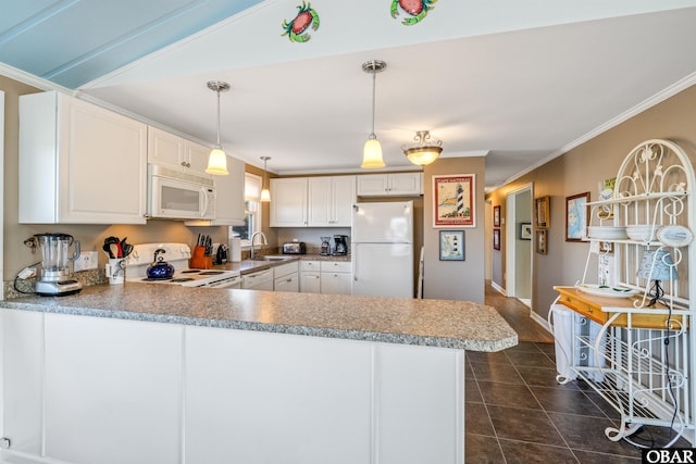 kitchen featuring white appliances, ornamental molding, a peninsula, white cabinetry, and a sink