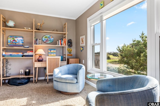 living area with baseboards, crown molding, and carpet flooring