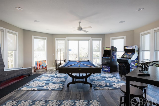 recreation room with recessed lighting, baseboards, wood finished floors, and pool table