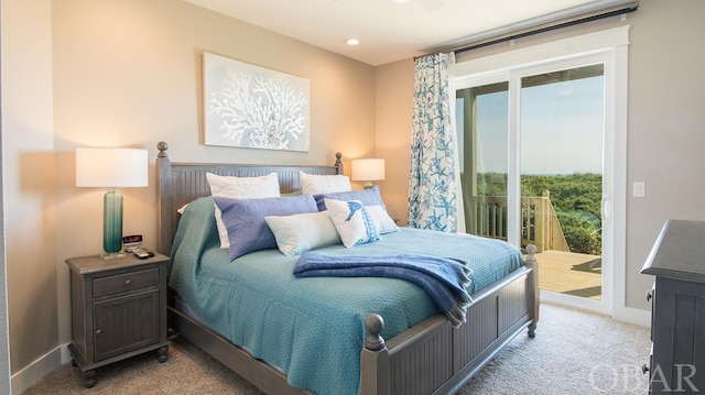 bedroom featuring light carpet, access to exterior, and baseboards