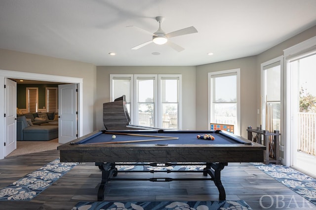 game room featuring ceiling fan, pool table, wood finished floors, and recessed lighting