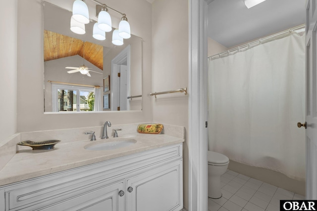 1148 Dunton Dr Lot 337, Corolla, NC 27927 - bathroom with tile patterned flooring, vanity, lofted ceiling, toilet, and a ceiling fan