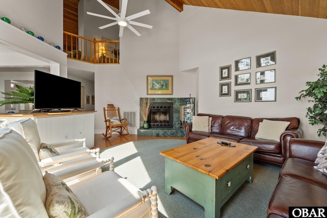 1148 Dunton Dr Lot 337, Corolla, NC 27927 - living area featuring ceiling fan, visible vents, wooden ceiling, high vaulted ceiling, and a premium fireplace