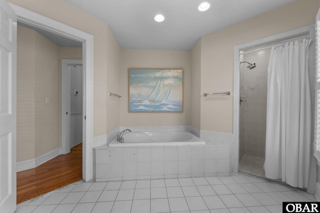 1148 Dunton Dr Lot 337, Corolla, NC 27927 - bathroom with tile patterned flooring, a tile shower, recessed lighting, and a bath