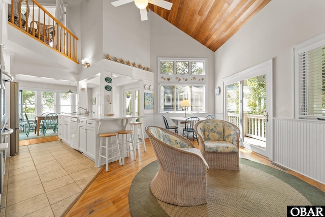 1148 Dunton Dr Lot 337, Corolla, NC 27927 - interior space featuring wood ceiling, a ceiling fan, visible vents, high vaulted ceiling, and light wood-style floors