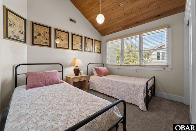 1148 Dunton Dr Lot 337, Corolla, NC 27927 - carpeted bedroom with wood ceiling, baseboards, vaulted ceiling, and visible vents