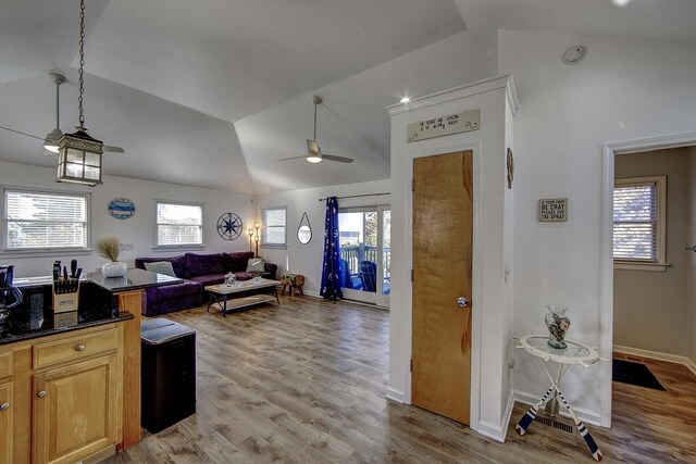 kitchen featuring lofted ceiling, dark countertops, a healthy amount of sunlight, and light wood finished floors