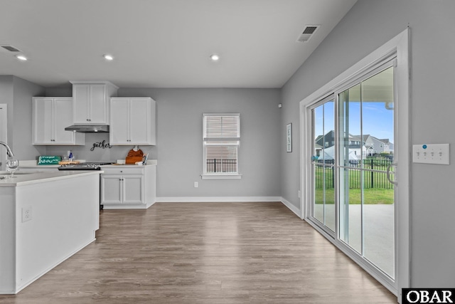 307 Sunny Lk Lot 106, Moyock, NC 27958 - kitchen featuring white cabinetry, light wood-style flooring, under cabinet range hood, recessed lighting, and light countertops