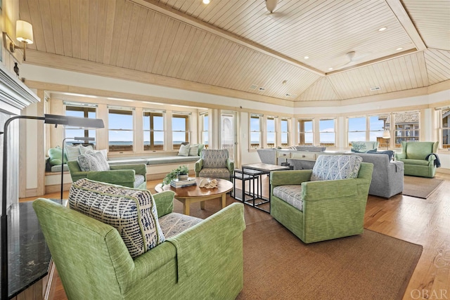 living area featuring recessed lighting, wooden ceiling, vaulted ceiling, and wood finished floors