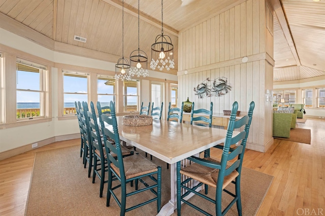 dining space featuring high vaulted ceiling, wooden ceiling, visible vents, light wood-style floors, and an inviting chandelier