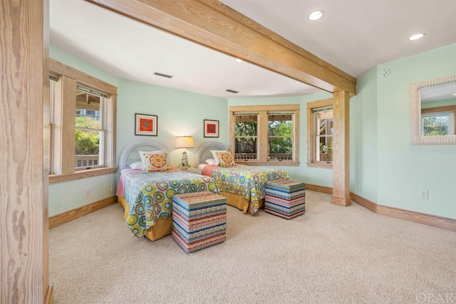 carpeted bedroom with recessed lighting, beam ceiling, visible vents, and baseboards