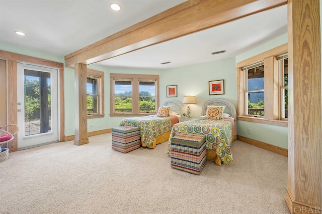 bedroom with baseboards, visible vents, access to exterior, beam ceiling, and recessed lighting