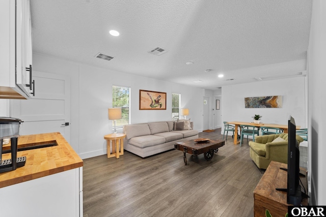 living room featuring visible vents, a textured ceiling, and wood finished floors