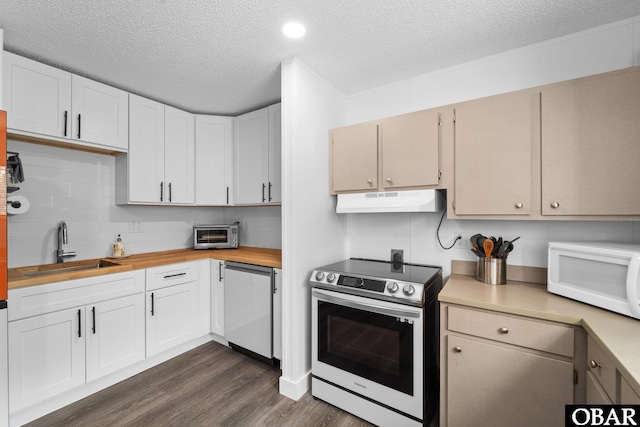 kitchen with electric stove, white cabinetry, under cabinet range hood, and white microwave