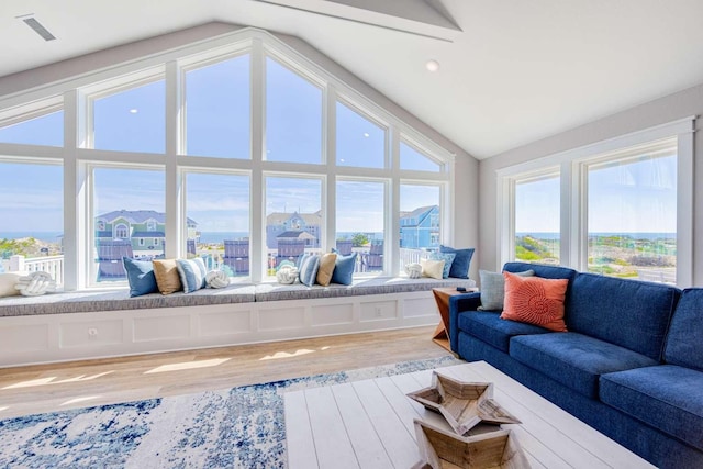 living area featuring lofted ceiling, visible vents, and wood finished floors