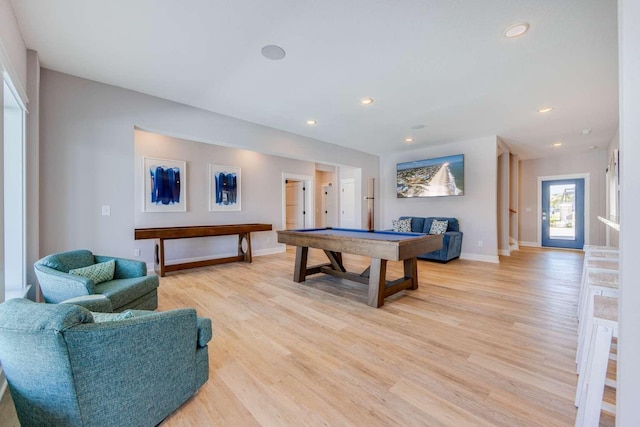 game room with light wood finished floors, billiards, baseboards, and recessed lighting