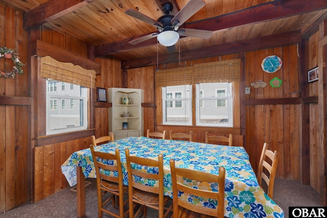 carpeted dining room with a ceiling fan, wood ceiling, beam ceiling, and wood walls