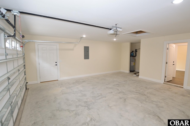 garage with water heater, baseboards, electric panel, and a garage door opener