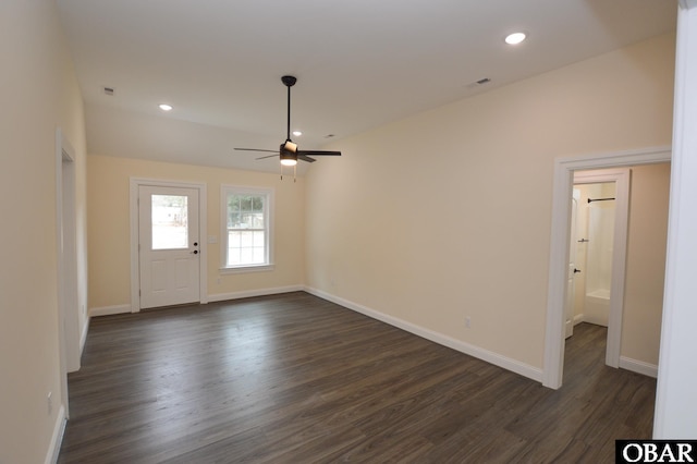 entrance foyer featuring visible vents, baseboards, a ceiling fan, dark wood-type flooring, and recessed lighting