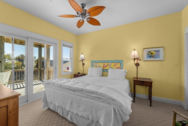 bedroom with light carpet, access to outside, baseboards, and a ceiling fan