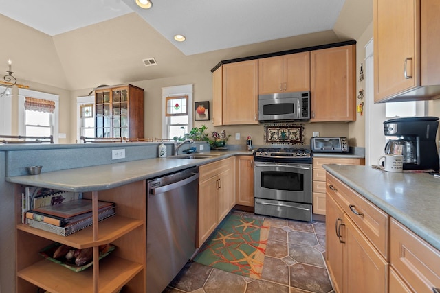 kitchen with stainless steel appliances, open shelves, a sink, light countertops, and light brown cabinetry