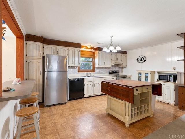 kitchen featuring appliances with stainless steel finishes, pendant lighting, light countertops, open shelves, and a sink