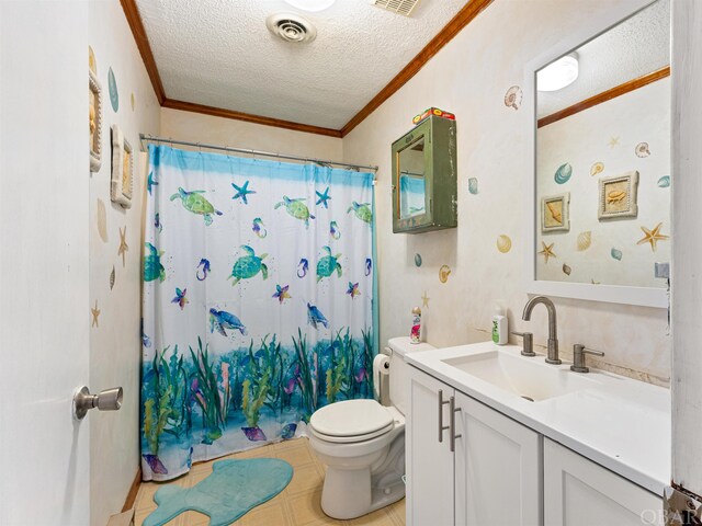 full bathroom featuring visible vents, toilet, vanity, crown molding, and a textured ceiling